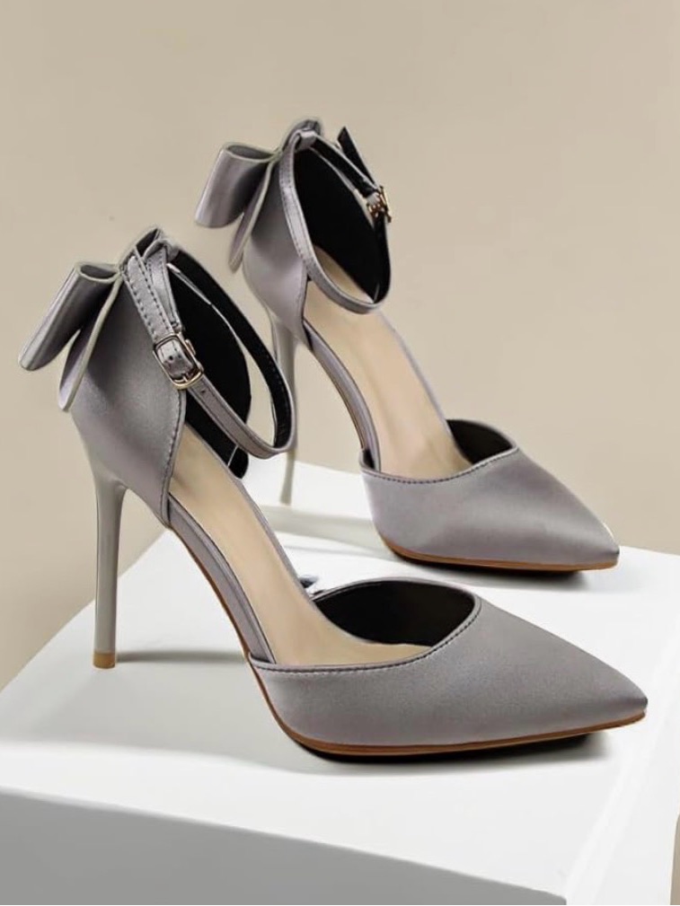Joeupin Womens High Heels Bow Tie Stiletto Ankle Strap Pumps Silver Grey Sz 7